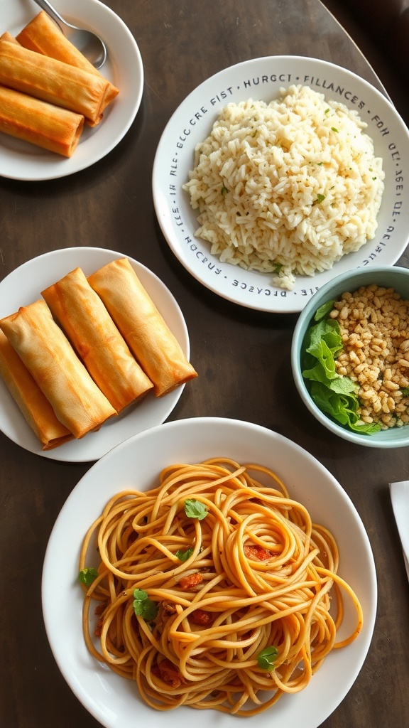 Hakka noodles served with spring rolls, fried rice, and a side salad.