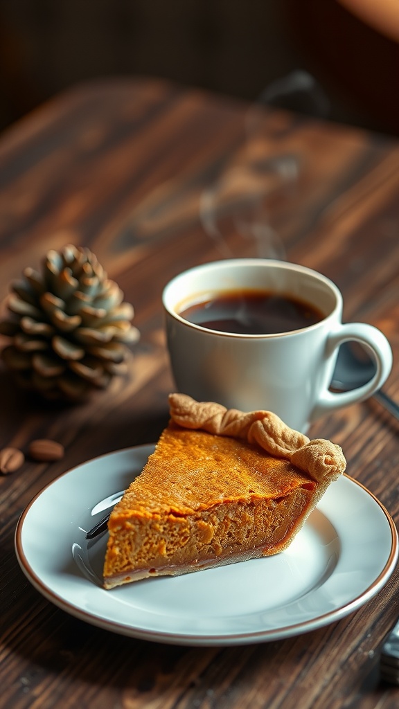 Slice of pumpkin pie on a plate with a cup of steaming coffee in the background.