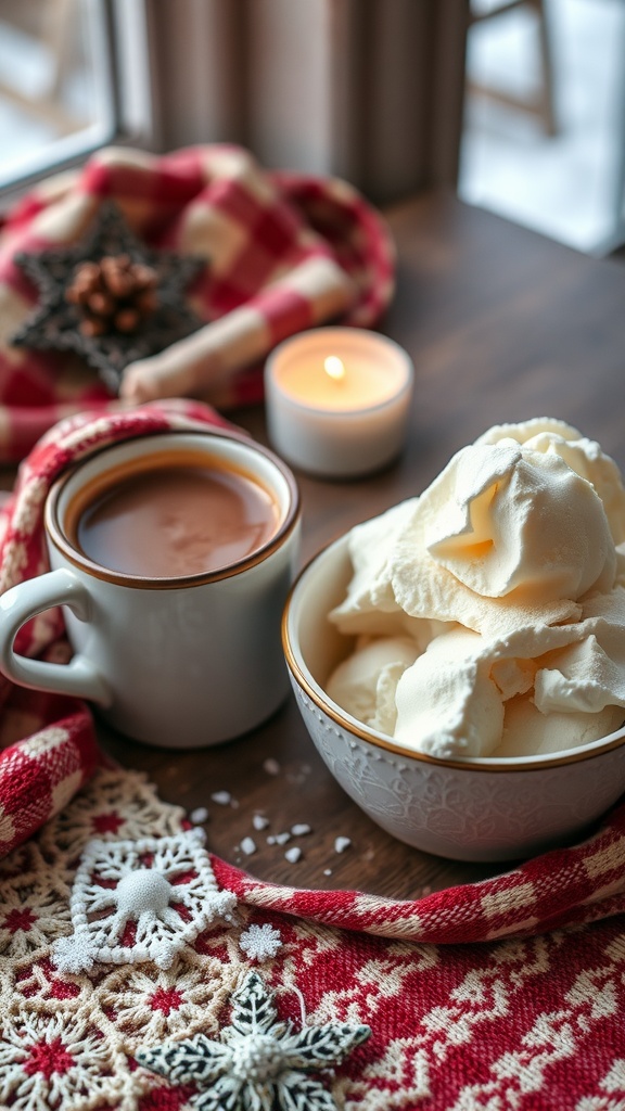 A cozy setup with a bowl of snow ice cream next to a cup of hot drink, surrounded by festive decorations.