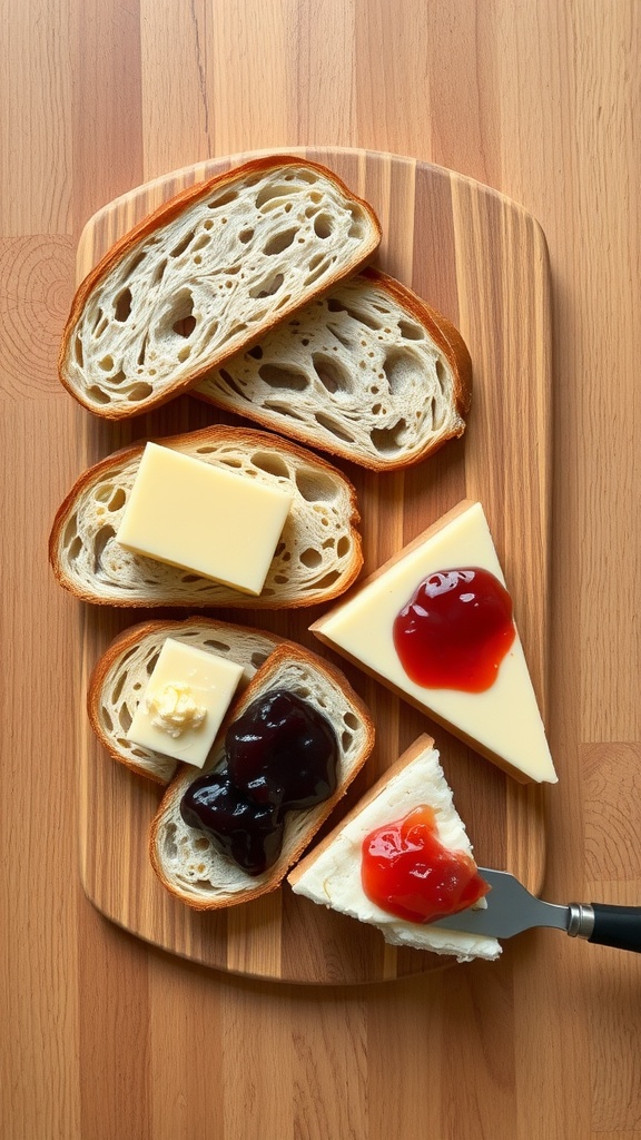 Sliced sourdough bread with butter, cheese, and fruit spreads on a wooden cutting board.