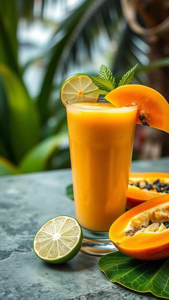 A refreshing smoothie with papaya and lime, garnished with mint leaves.