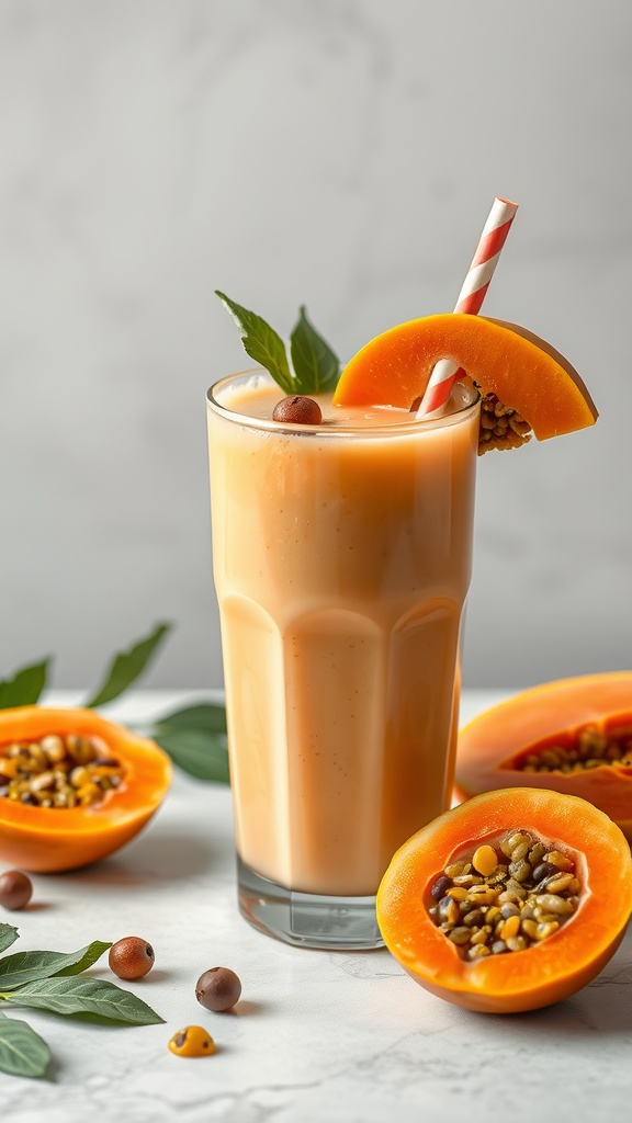 A refreshing Papaya Passionfruit Smoothie in a tall glass with fresh papaya slices.