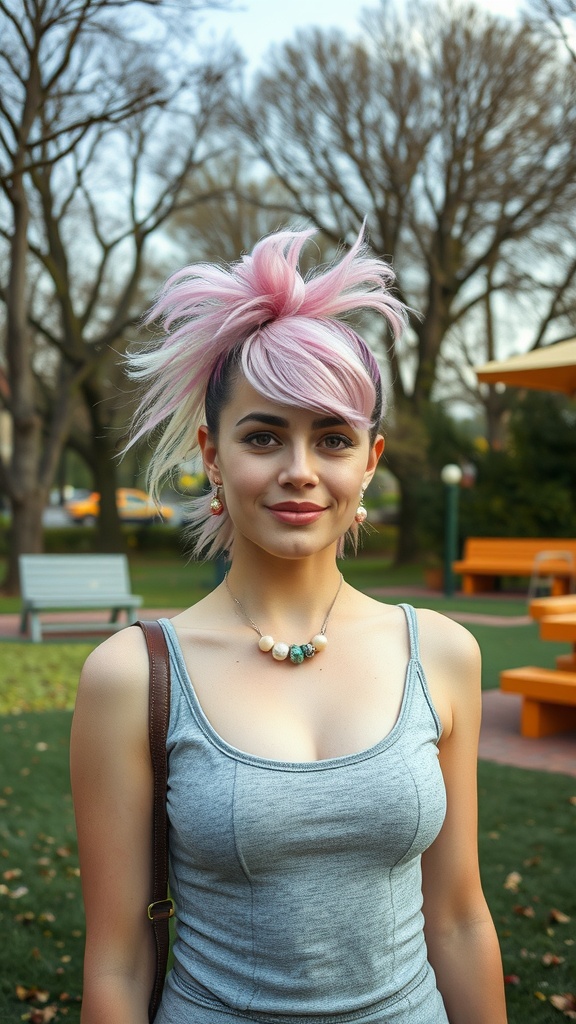 A woman with a pastel-colored mullet hairstyle, featuring pink and blonde tones, smiling outdoors.