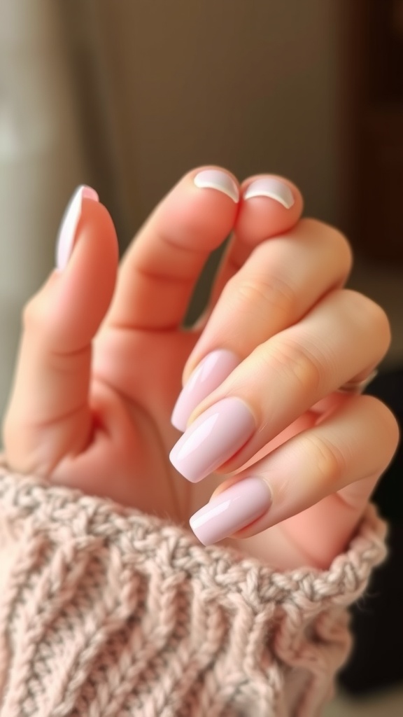 A close-up of hands with pastel baby pink French tip nails.