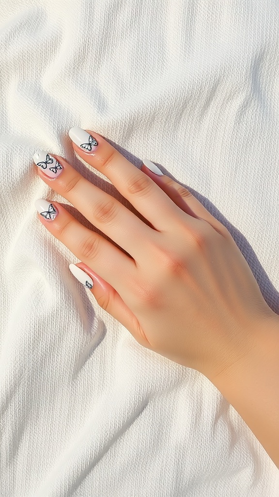 Close-up of hands with pastel-colored butterfly nail art on a white background