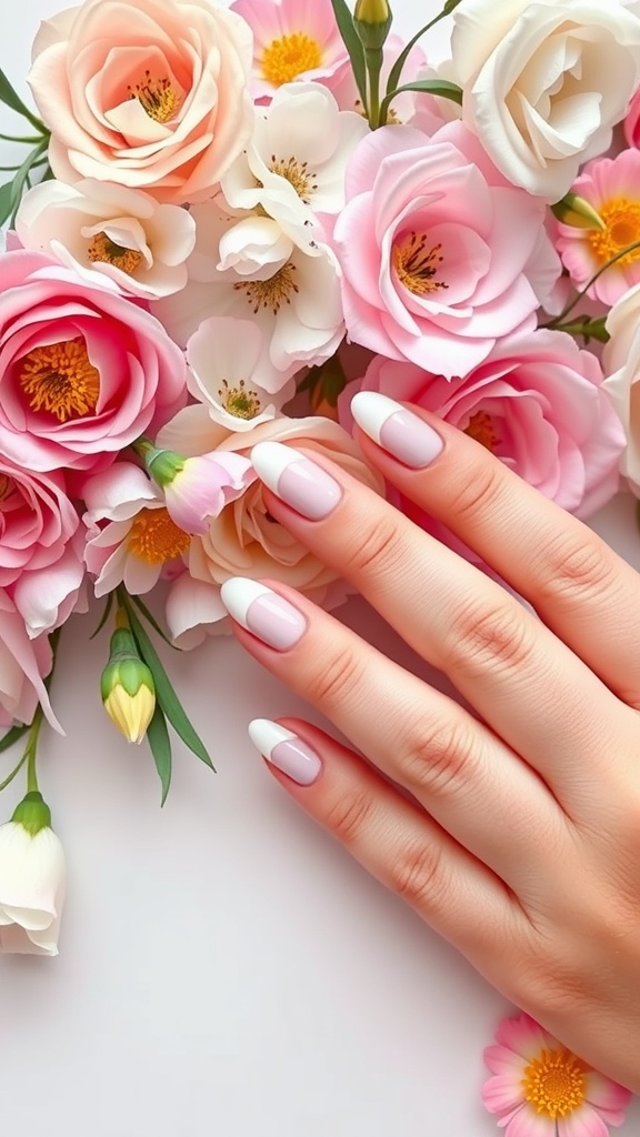 A hand with pastel colored French tip nails resting among pink and white roses.