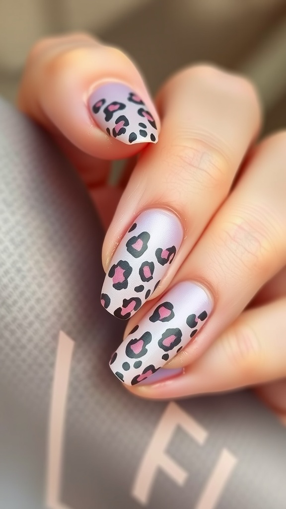 Pastel leopard nail art with pink and black spots on a light background.