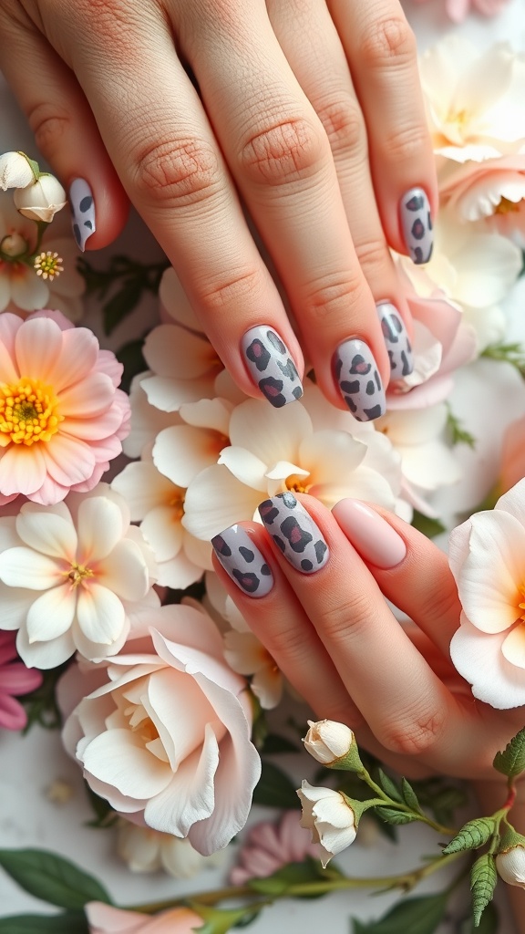 Nails featuring pastel leopard patterns with floral background