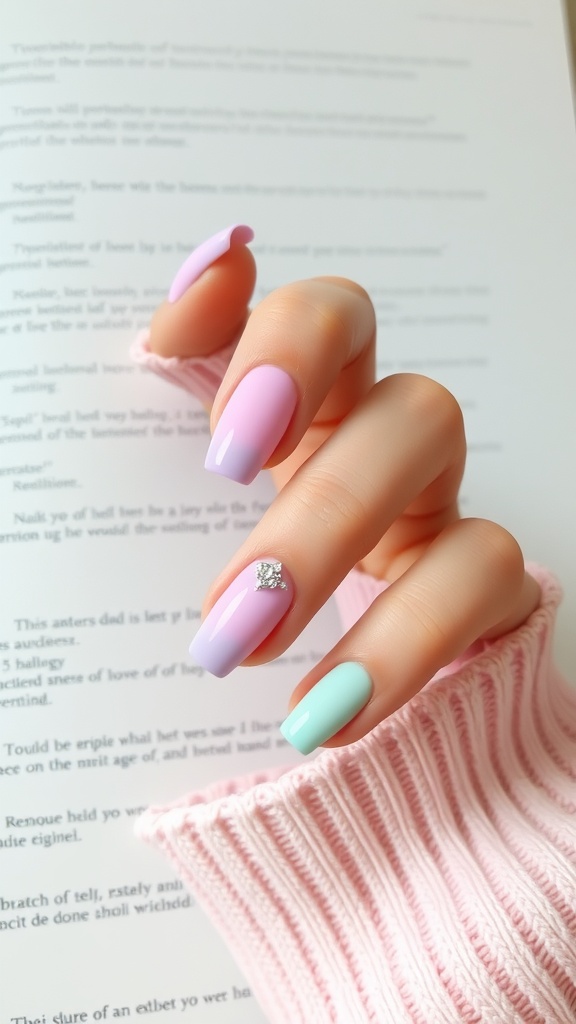 Short nails with pastel ombre effect in lavender, pink, and mint green