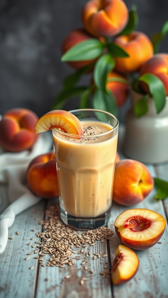 A refreshing peach and flaxseed smoothie in a glass, surrounded by fresh peaches and flaxseeds.