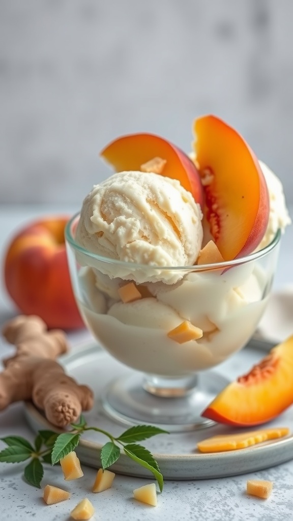 A bowl of Peach Ginger Keto Ice Cream with slices of peach and ginger.