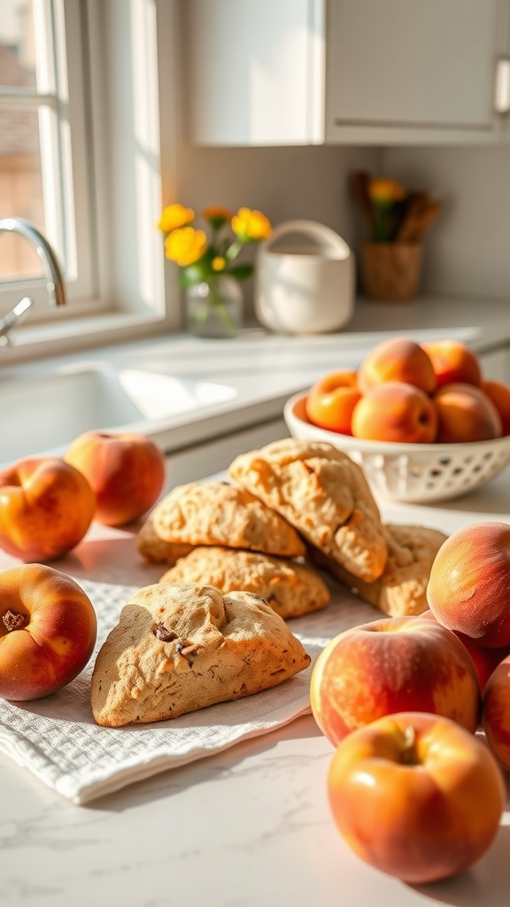 Peach ginger scones with fresh peaches arranged on a kitchen counter.