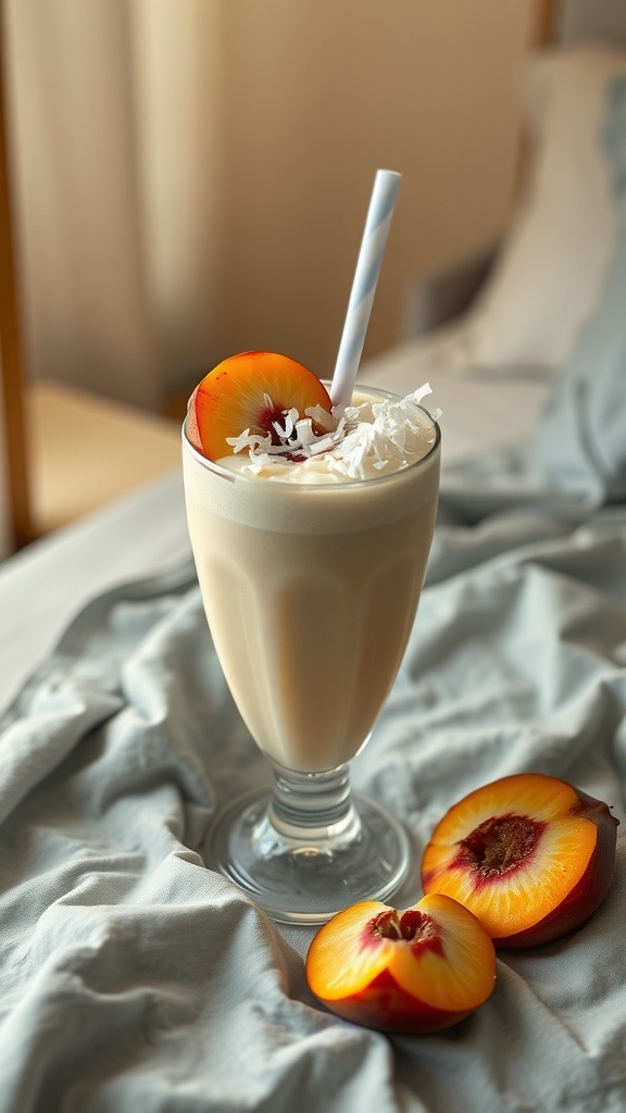 A peachy coconut smoothie served in a tall glass with a slice of peach on top.