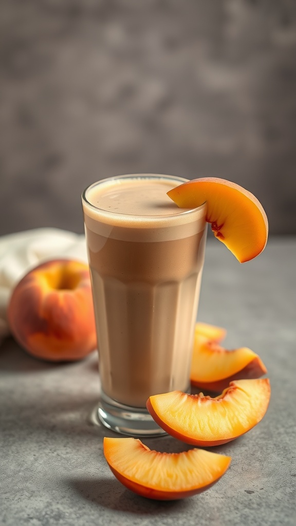 A refreshing peachy coffee smoothie served in a glass with peach slices.