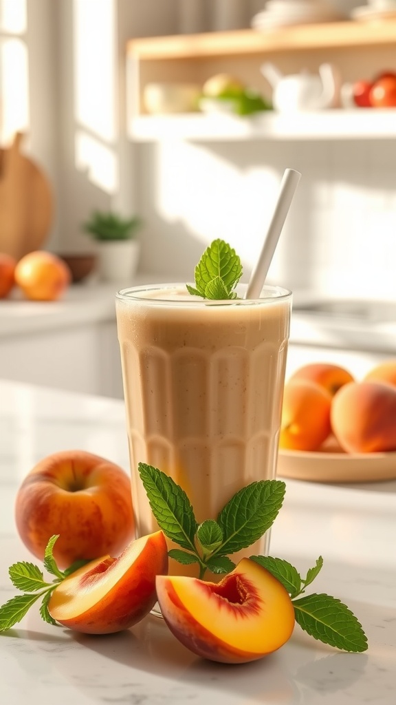 A delicious peach smoothie garnished with mint leaves, surrounded by fresh peaches.