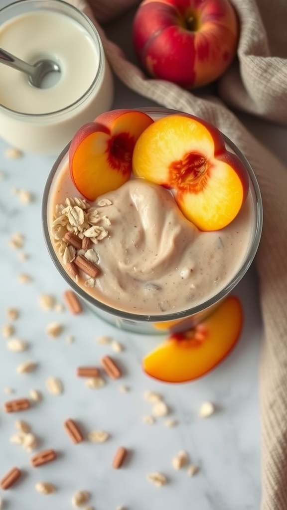 A refreshing peach oatmeal smoothie topped with peach slices and oats.