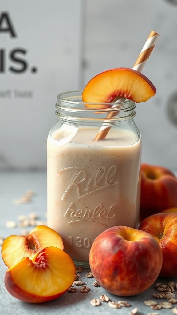 A refreshing peachy oat smoothie in a jar with fresh peach slices beside it.