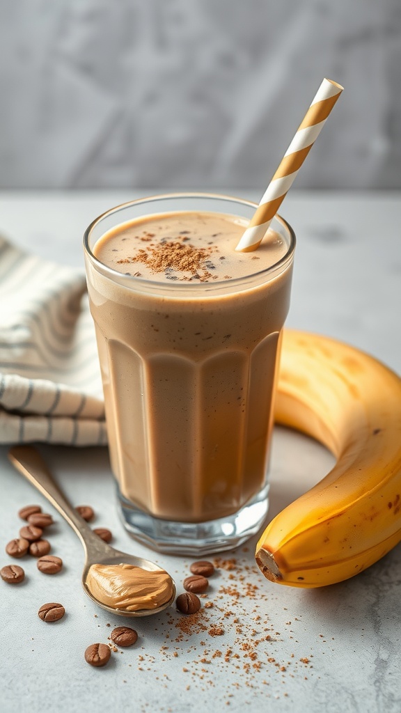 Peanut Butter Banana Coffee Smoothie in a glass with a straw