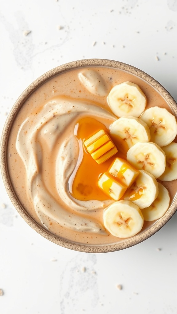 A delicious peanut butter banana smoothie bowl topped with banana slices and honey.