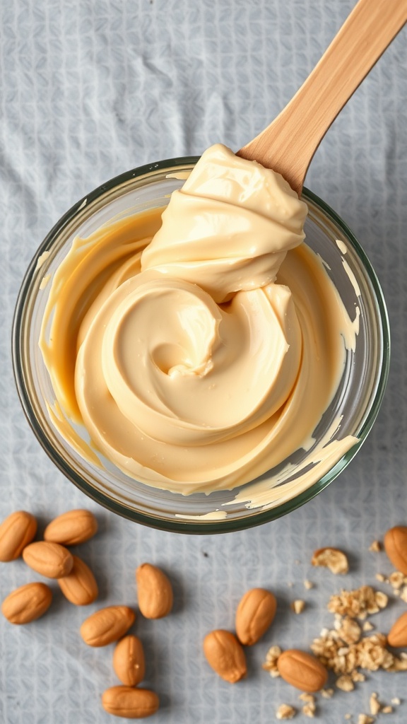 Creamy peanut butter frosting in a bowl with a wooden spatula