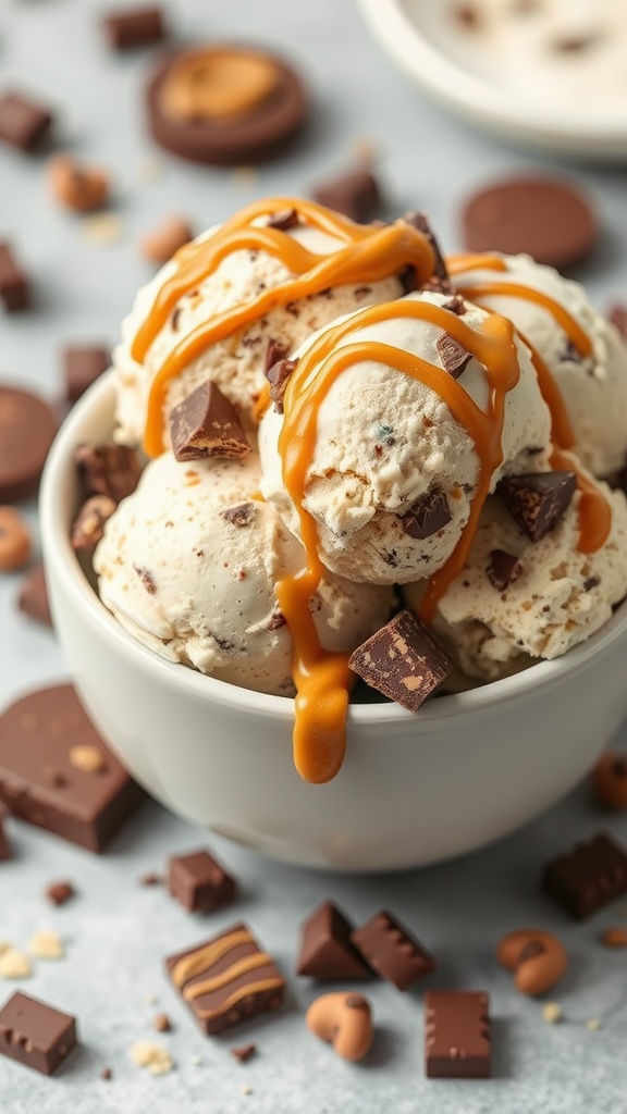 Peanut Butter Cup Keto Ice Cream in a bowl with chocolate pieces