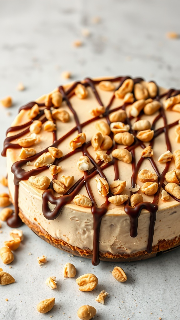A rich peanut butter keto cheesecake topped with drizzled chocolate and peanuts.