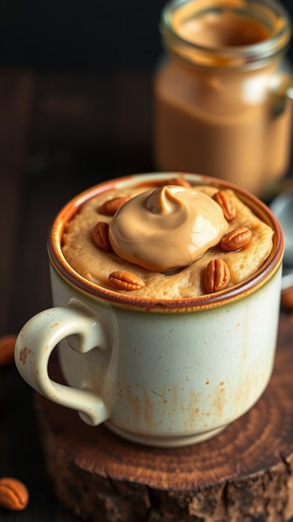 Delicious peanut butter keto mug cake in a rustic mug topped with creamy peanut butter and nuts.