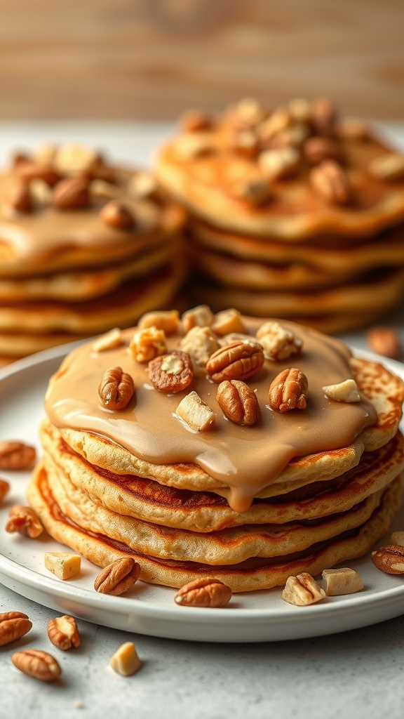 Delicious stack of peanut butter keto pancakes topped with nuts and syrup.