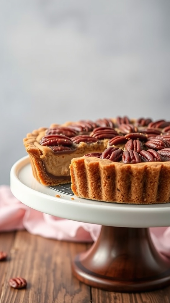 A delicious peanut butter pecan pie with a flaky crust and topped with pecans.