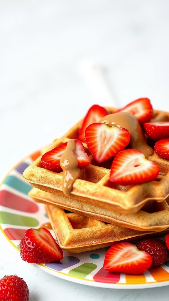 Delicious peanut butter waffles topped with strawberries and drizzled with peanut butter.
