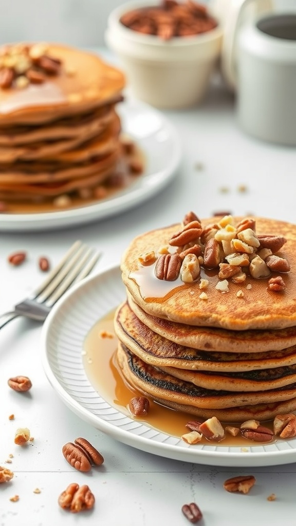 A stack of pecan-walnut keto pancakes topped with nuts and syrup.