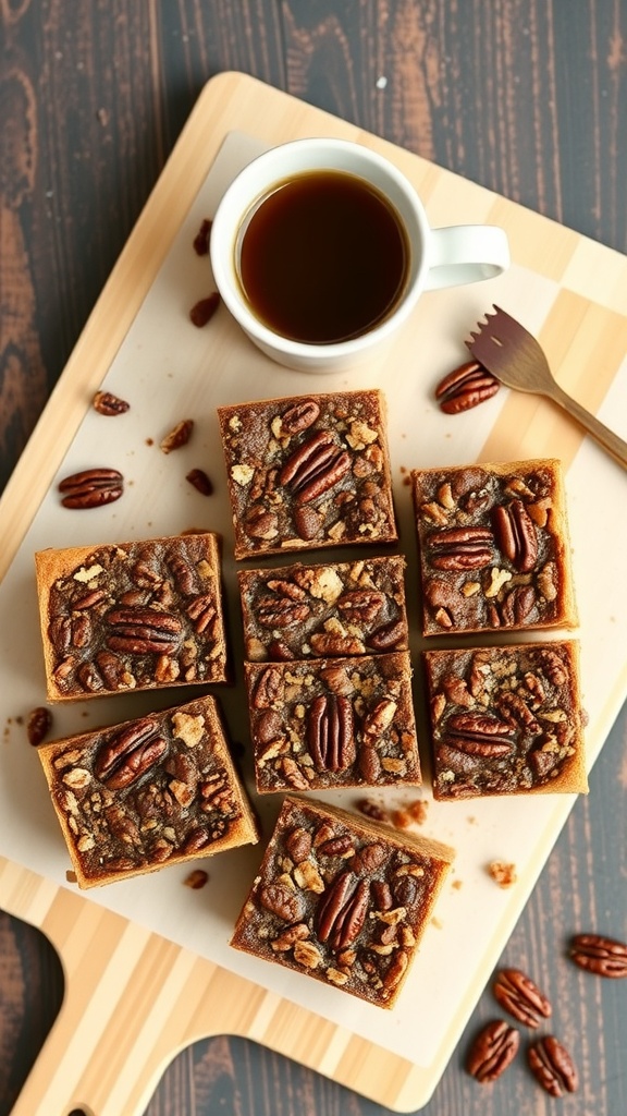 Pecan pie bars arranged on a wooden cutting board with a cup of coffee
