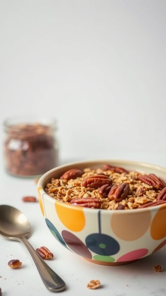 A colorful bowl filled with a pecan pie smoothie topped with granola and whole pecans.