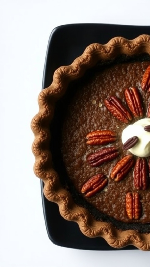 Pecan pie with a chocolate crust decorated with pecans on top