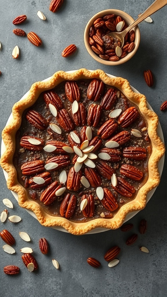 Pecan pie topped with pecans and almonds