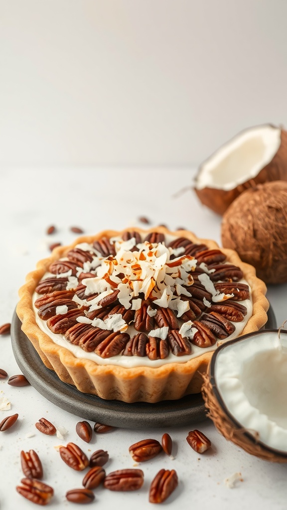 Pecan pie with coconut topping on a plate, surrounded by pecans and coconuts.