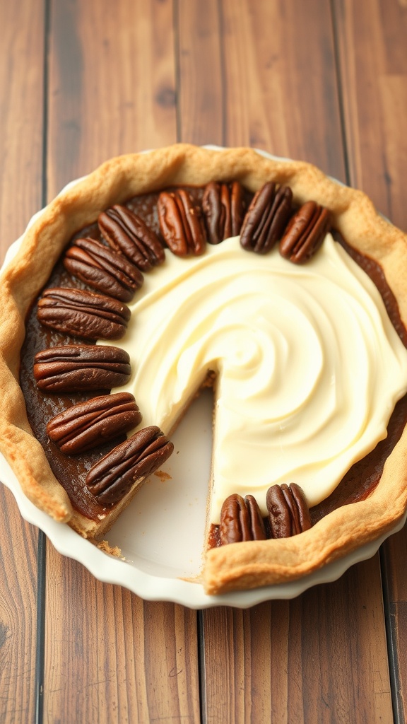 A slice of pecan pie with cream cheese filling and whole pecans on top.