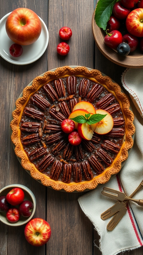 Pecan pie with a decorative arrangement of fresh fruit on top