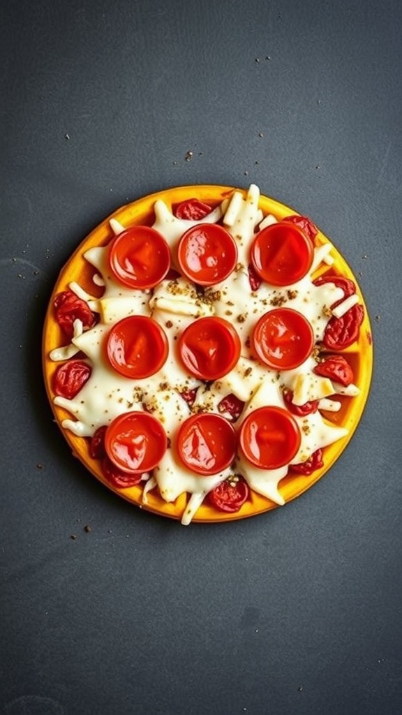 A plate of pepperoni pizza chaffles topped with cheese and sauce