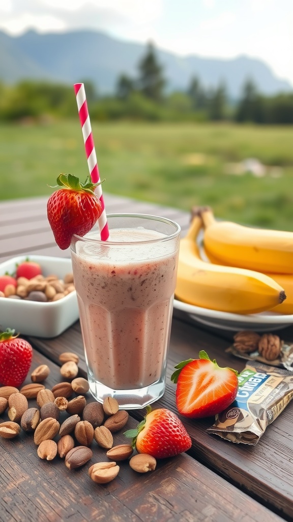 A refreshing strawberry banana smoothie served in a glass with a straw, surrounded by fresh strawberries, bananas, and nuts.