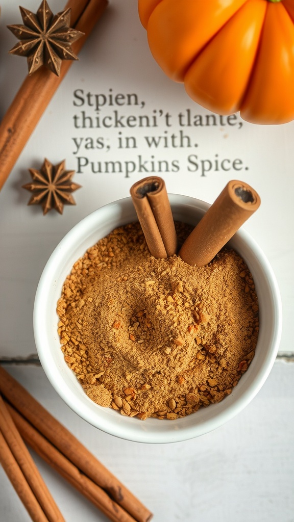 A bowl of pumpkin spice blend with cinnamon sticks and star anise.