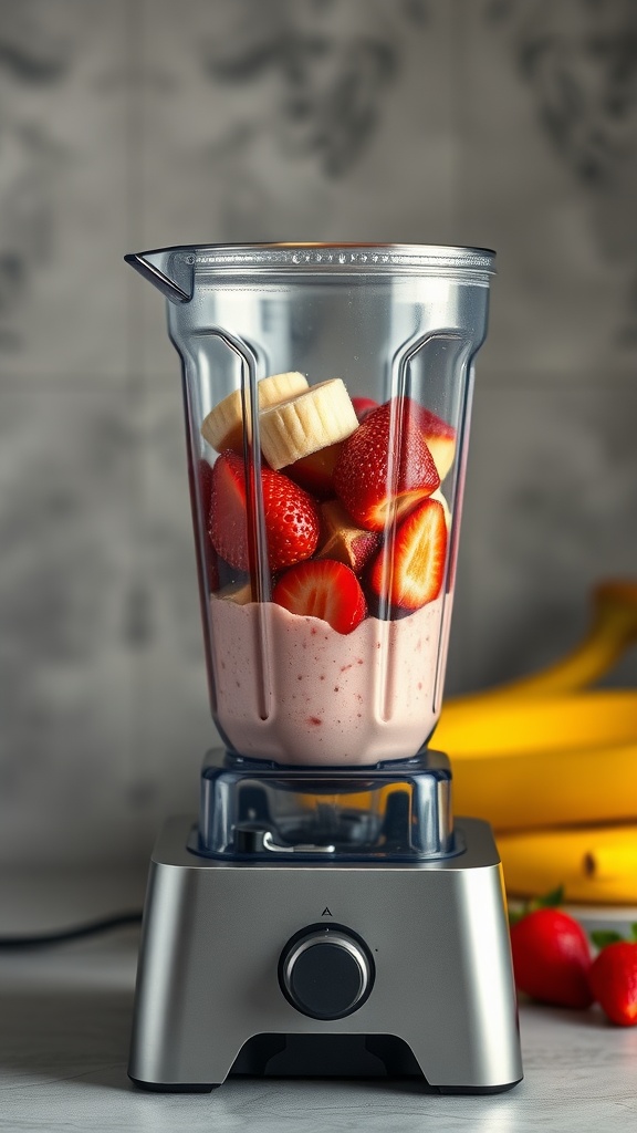 Healthy strawberry banana smoothie ingredients in a blender