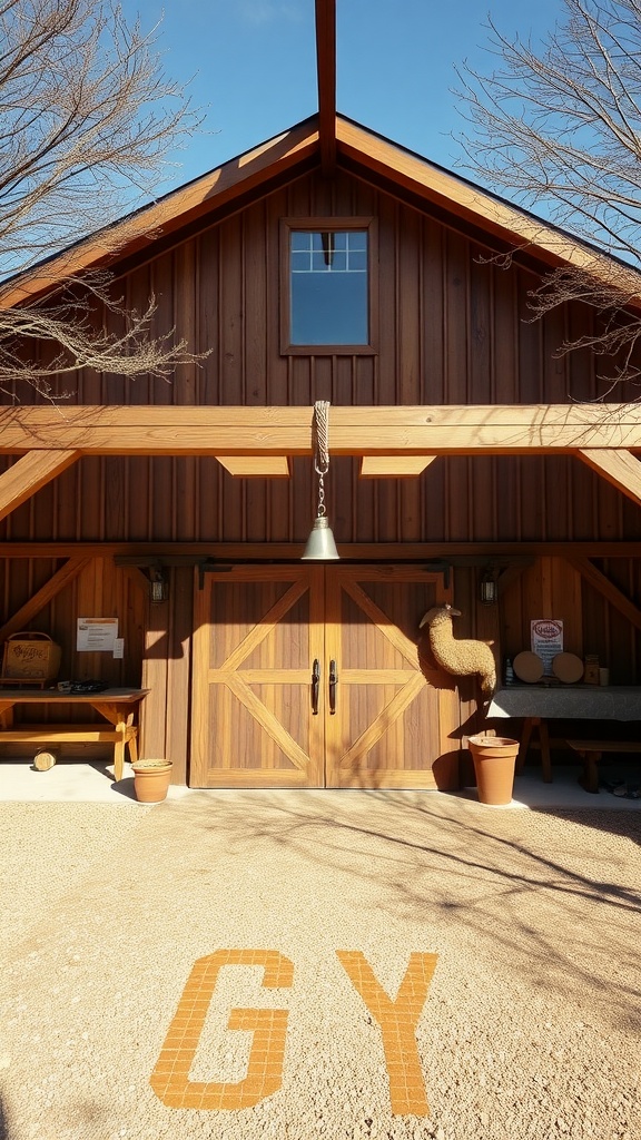 Exterior view of a barndominium with wooden doors and a welcoming entrance.