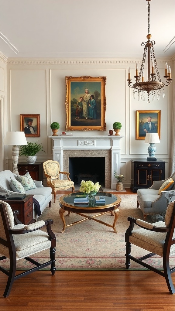 A neoclassical living room featuring family heirlooms and elegant decor.
