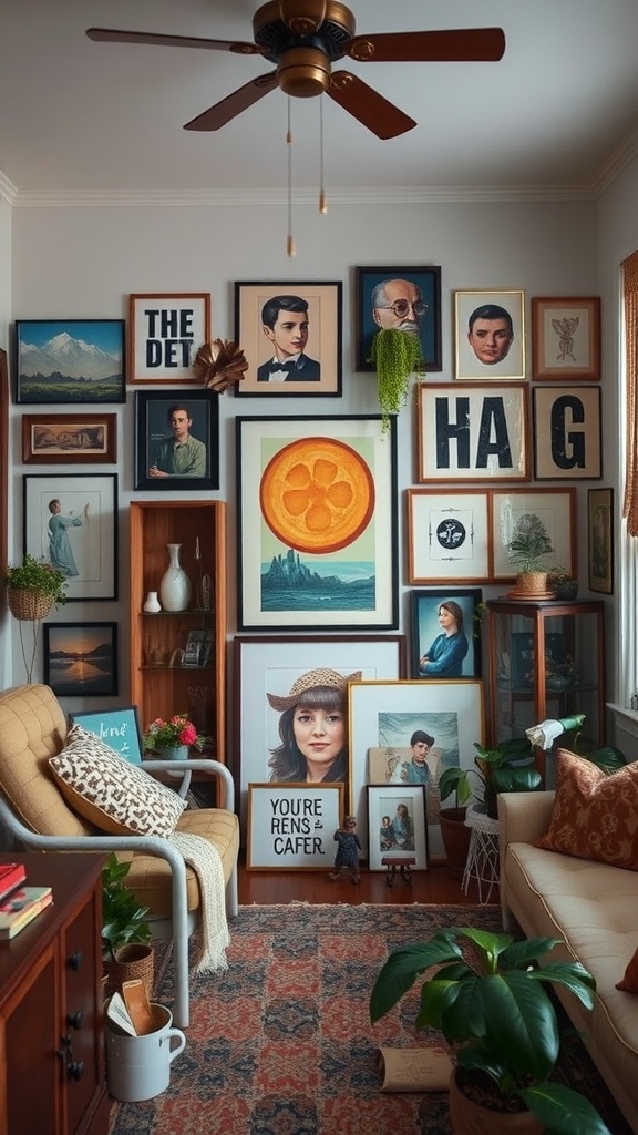 An eclectic living room showcasing a gallery wall with various framed artworks and photographs.