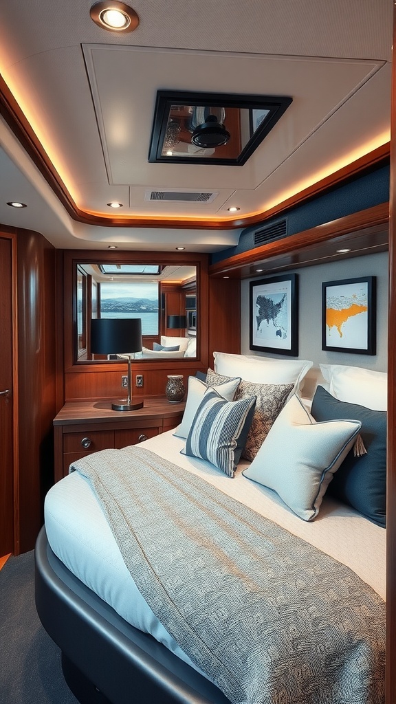 luxury yacht cabin interior with cozy bedding and personalized decor