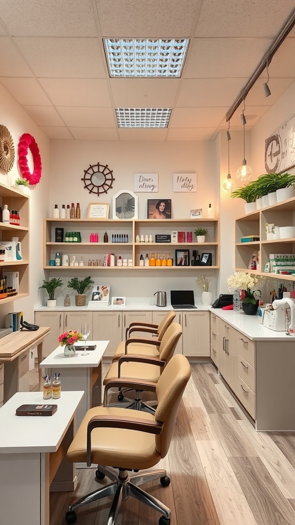 Interior of a nail salon with comfortable seating and decorative accents