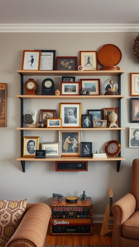 A shelf displaying a collection of framed photos, clocks, and decorative items in a cozy living room.