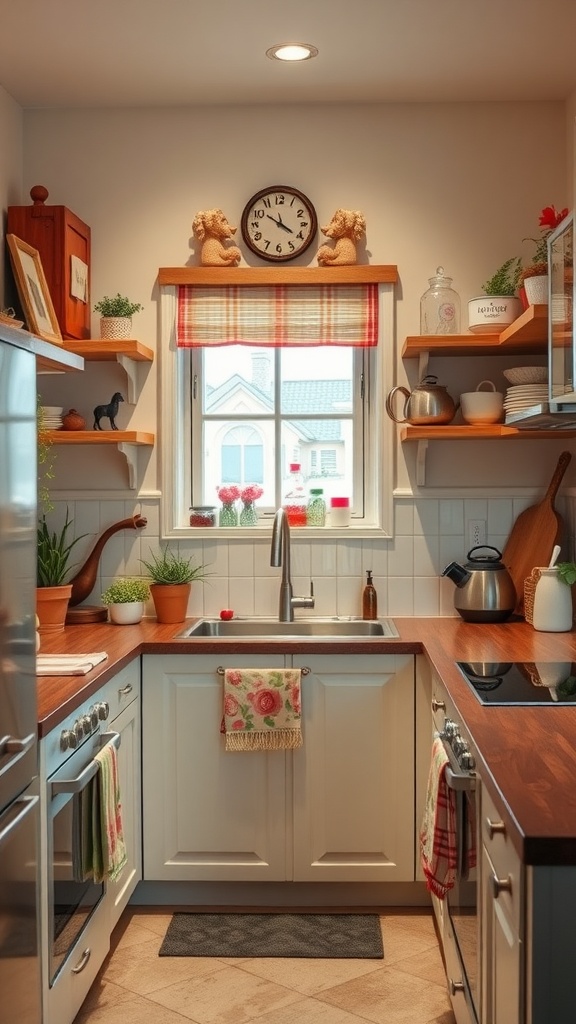 Cozy kitchen with decor elements like plants, cookbooks, and unique kitchenware on shelves.
