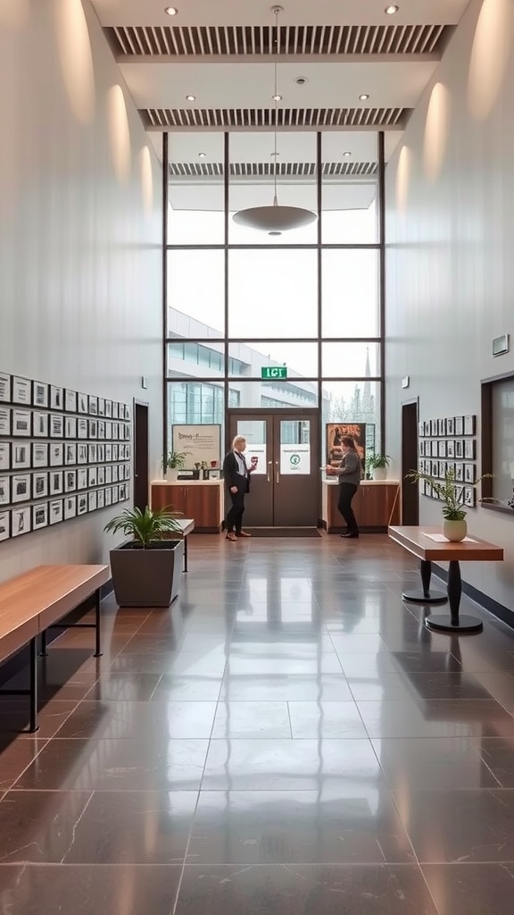 A modern lobby interior featuring large windows, wooden benches, and potted plants.